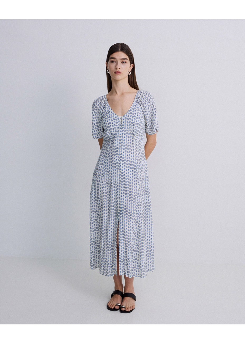 Vestido Yerse Midi Estampado Flores Azul