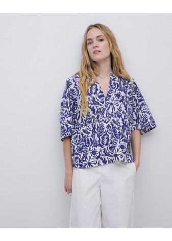 Blusa Yerse Cuello Tunecino Estampado Azul