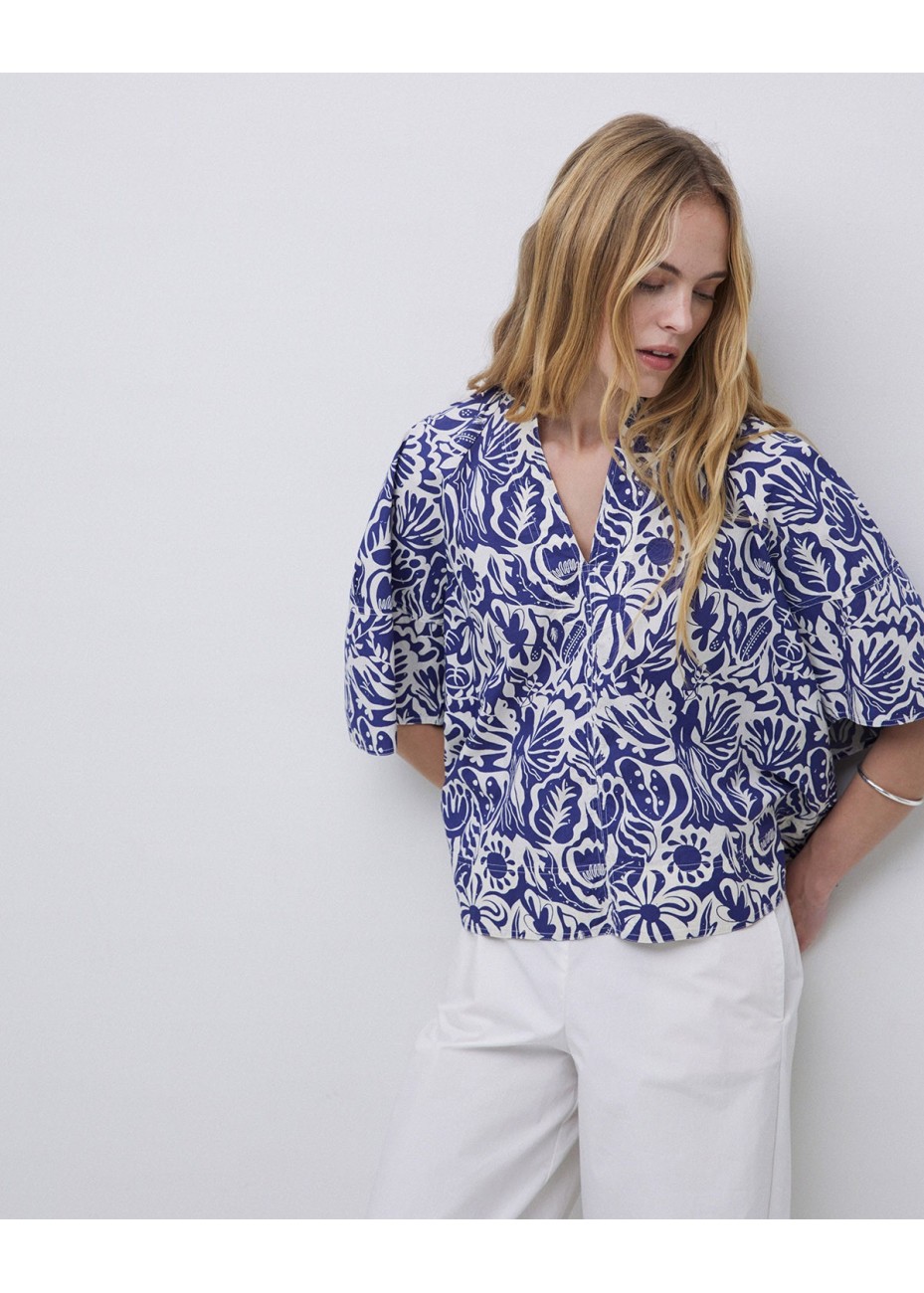 Blusa Yerse Cuello Tunecino Estampado Azul