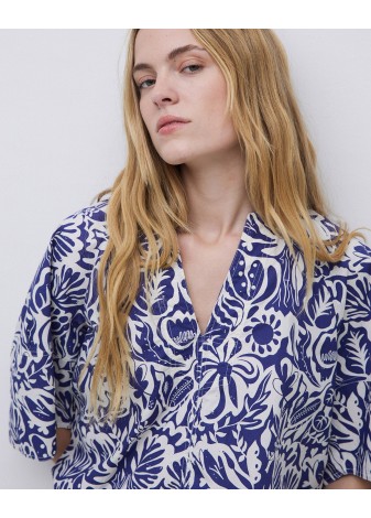 Blusa Yerse Cuello Tunecino Estampado Azul