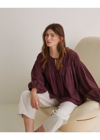 Blusa Yerse Detalle Pliegues Algodón Granate