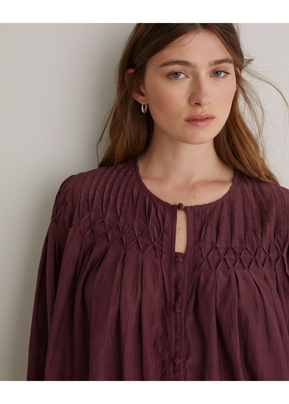 Blusa Yerse Detalle Pliegues Algodón Granate